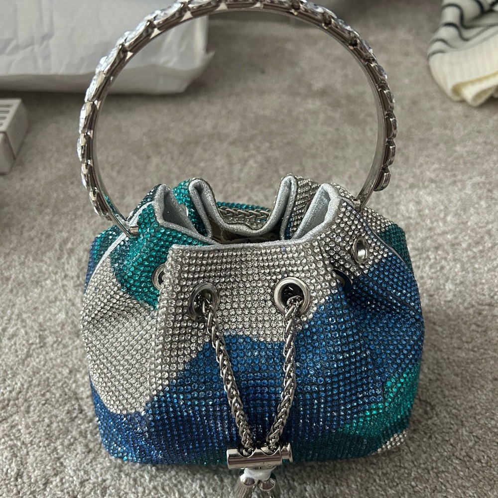 Elegant Silver and Blue Crystal Embellished Women's Bag